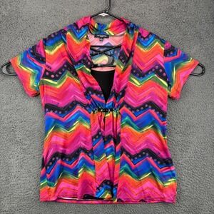 Notations Petite Multicolor Chevron‎ Zigzag Print Short Sleeve Draped Neck Top
